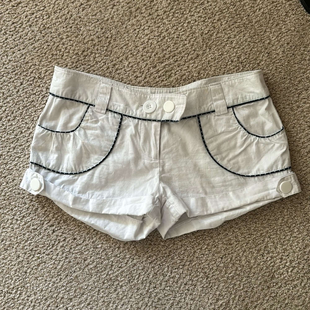 White Button Shorts with Blue Polka Dots